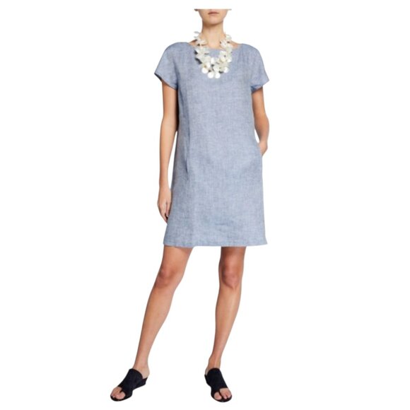 Eileen Fisher Dresses & Skirts - Eileen Fisher Blue Chevron Cap Sleeve Organic Linen Shift Dress Sz XL